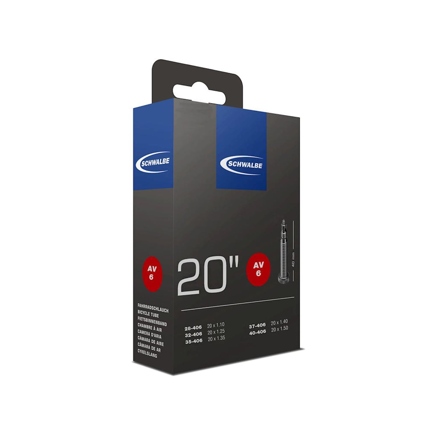 Schwalbe Slang SV6 20'' x 1,1 - 1,6 (28-40x406) 40 mm Racerventil (Removable core) Cykeldelar - Däck & slangar - SlangarCykeldelar Däck & slangar